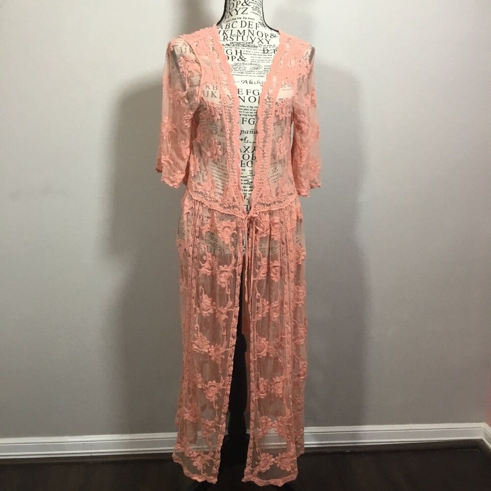 Entro beautiful peachy coral coverup duster kimono tie front sz M fairycore